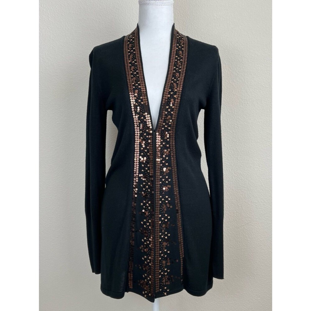 Soma Black Open Front Cardigan Sequin Trim Long Sleeve Witchy Lightweight XS